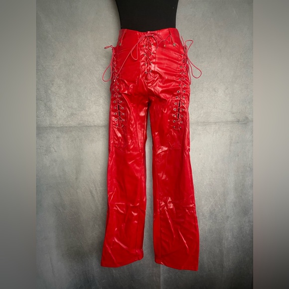 Pants - Red faux leather lace up flat pant size small